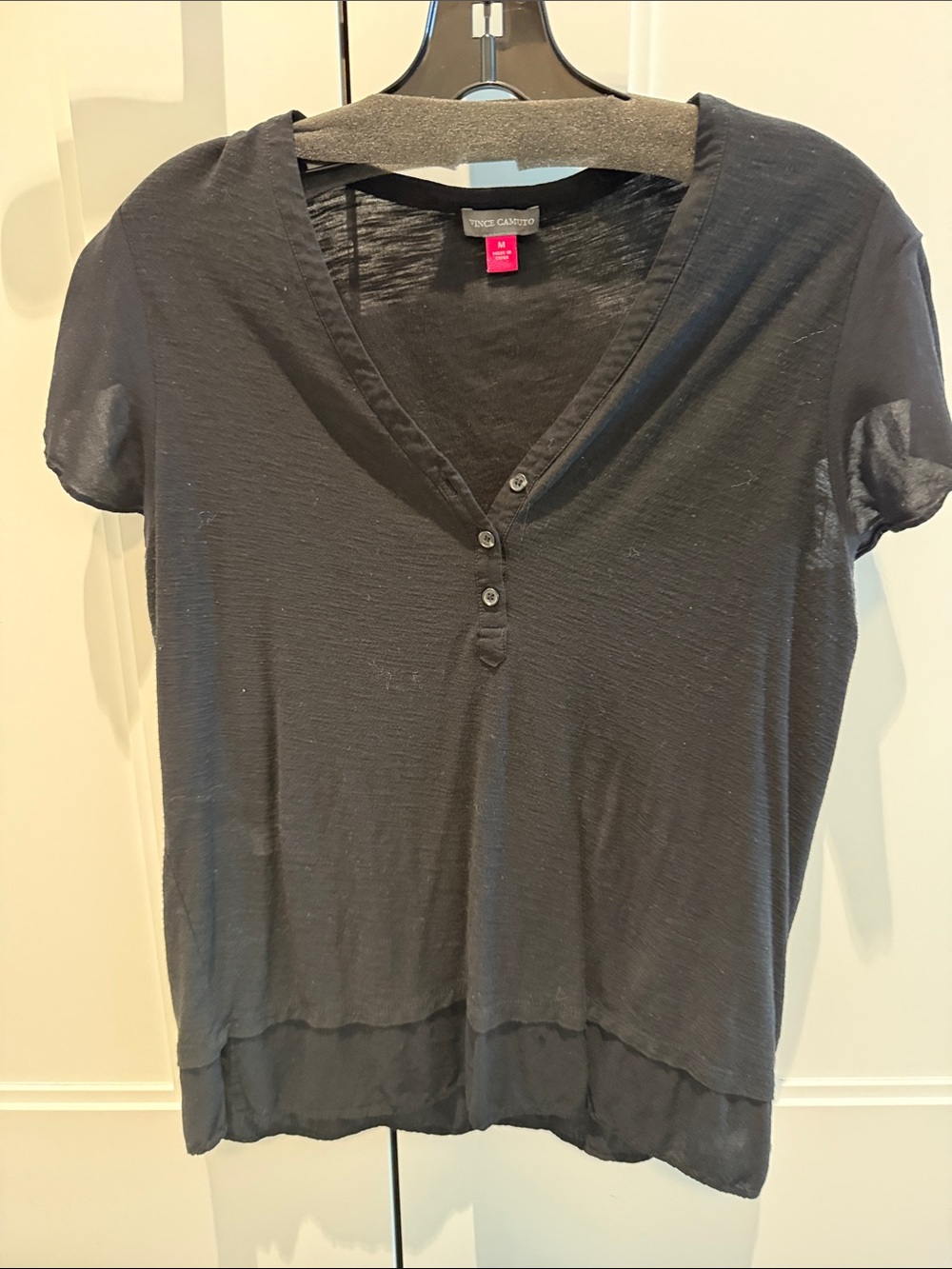 Vince Camuto Black Short-Sleeve V-Neck Henley Top